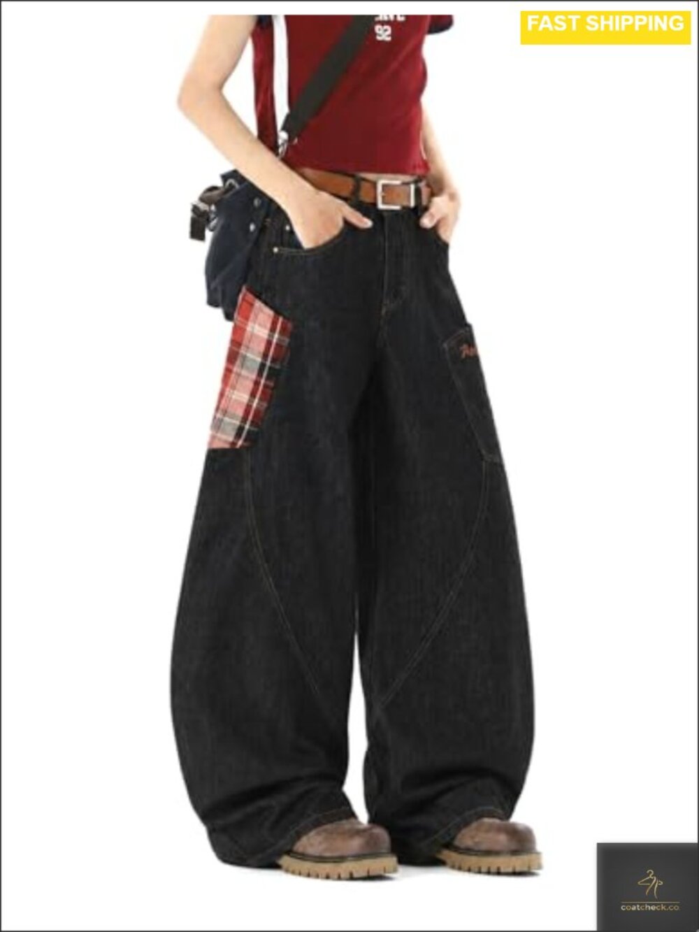 Baggy Barrel Jeans Plaid Pocket Wide Leg Denim Pants Oversized Y2K Streetwear